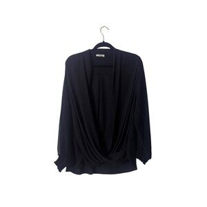 Black Pleione Womens Draped Blouse 1X Polyester With Smocked Cuffs